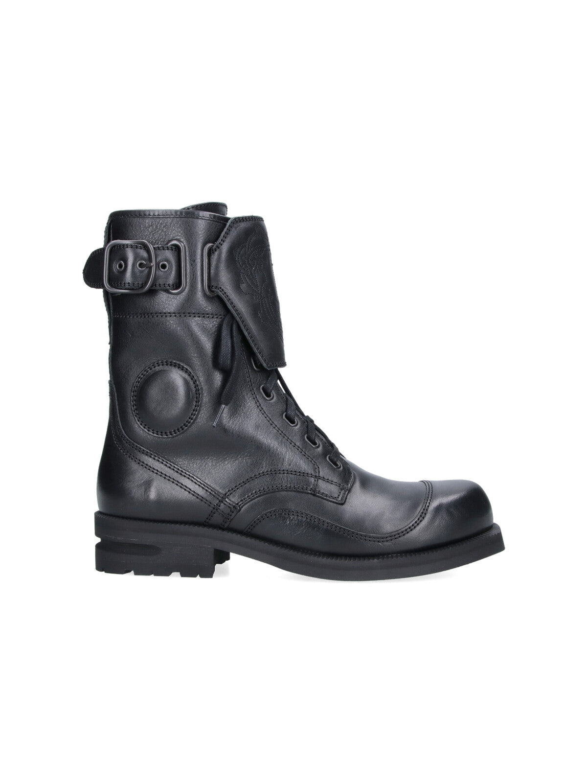 Black Lace-Up Buckle Leather Boots