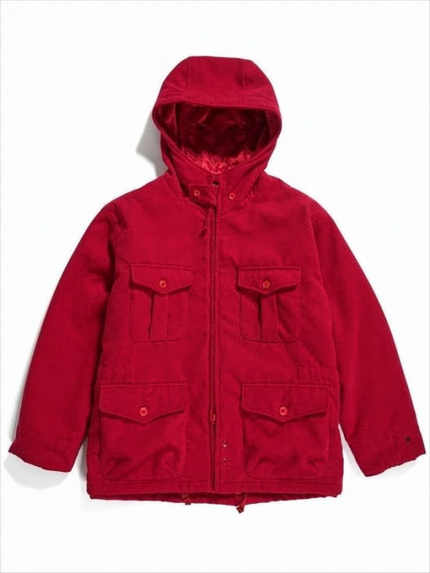 Red Hooded Jacket with Flap Pockets