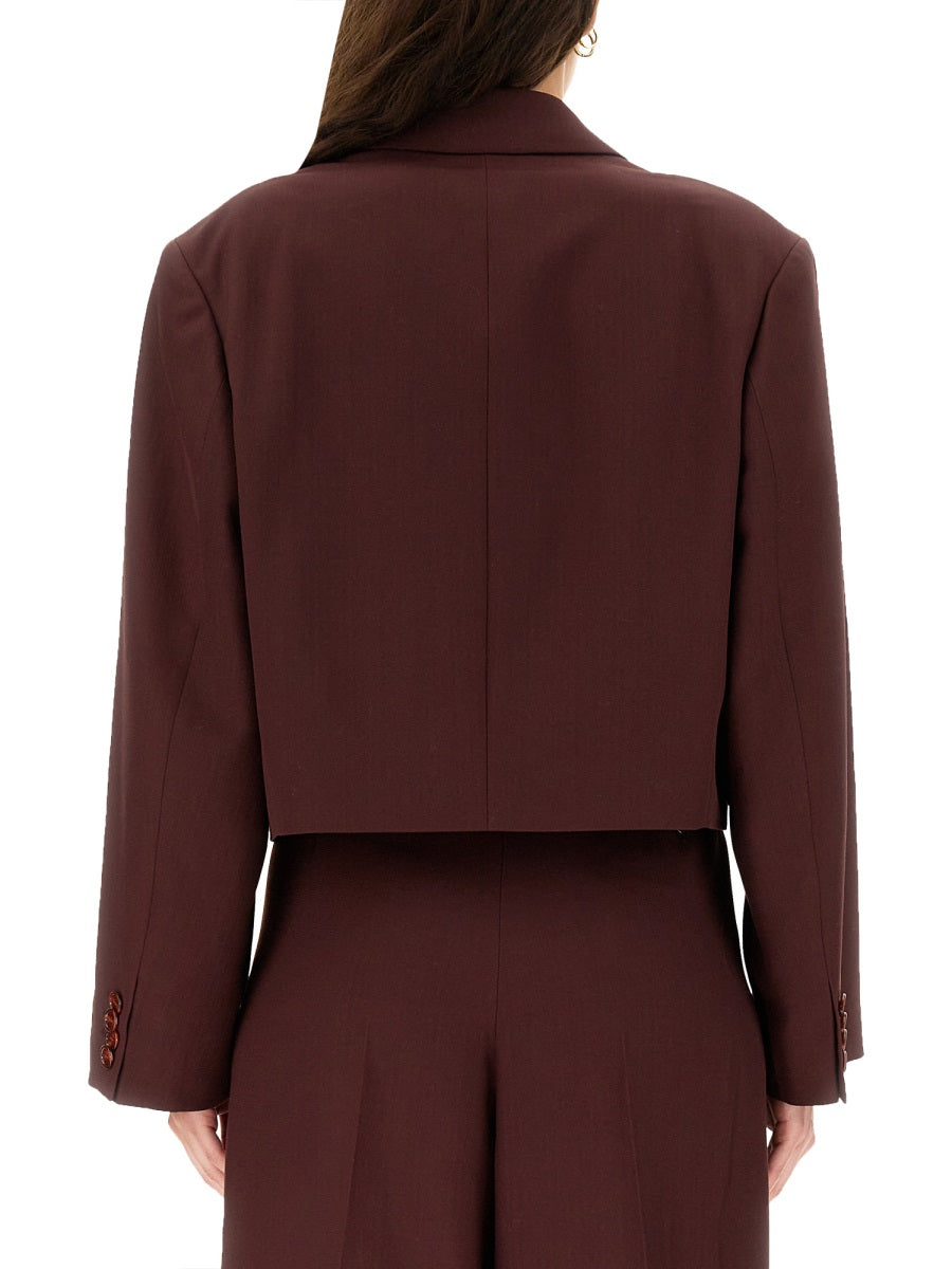 Cropped Brown Wool Blend Jacket With Peaked Lapels