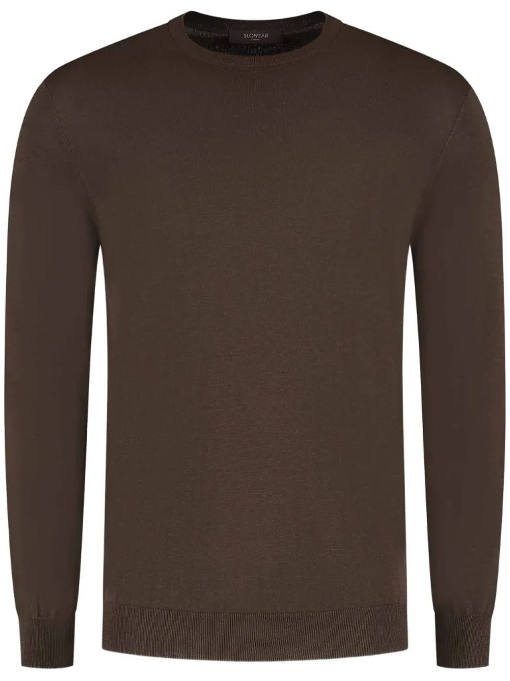Brown Fine-Knit Crew Neck Wool Pullover