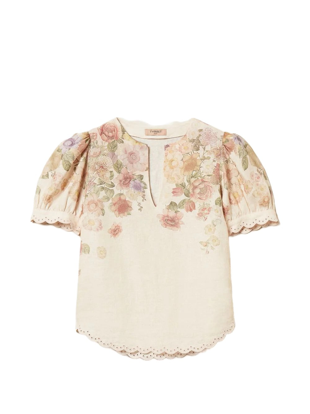 Short-Sleeved Floral Print Top with Scalloped Details
