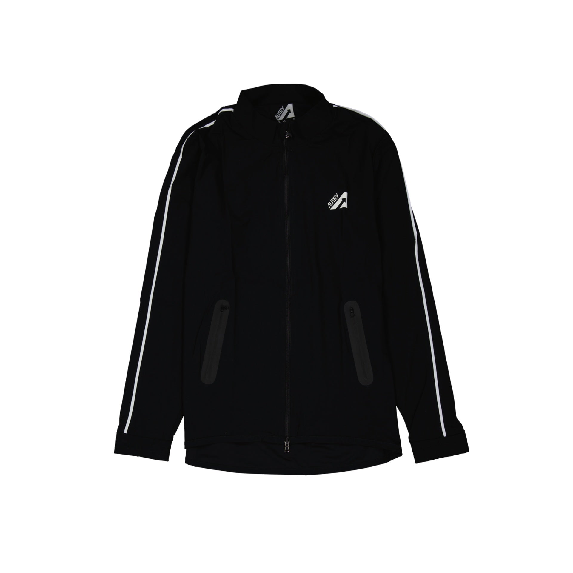 Sleek Black Sport Jacket With Zip Fastening And Striped Details