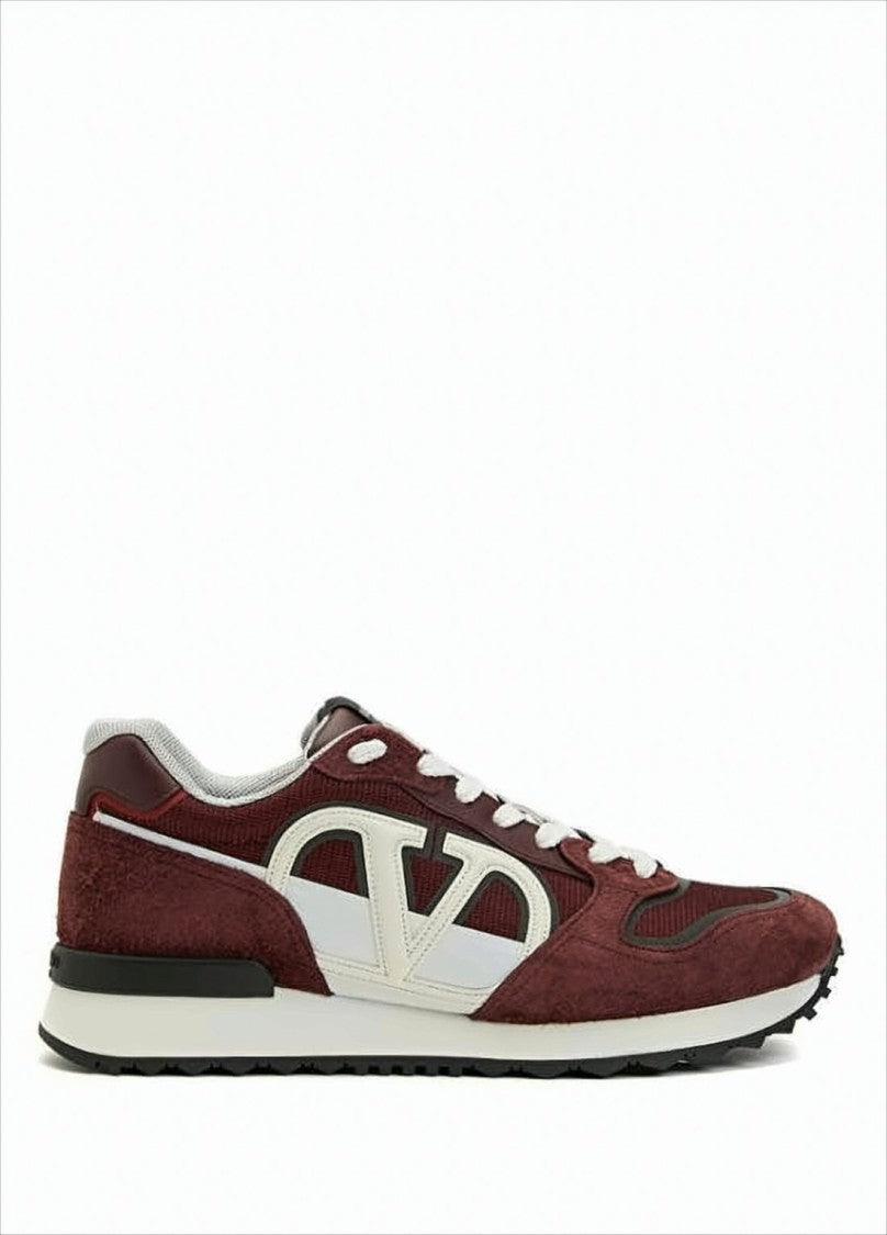 Burgundy Leather and Suede Low-Top Sneakers