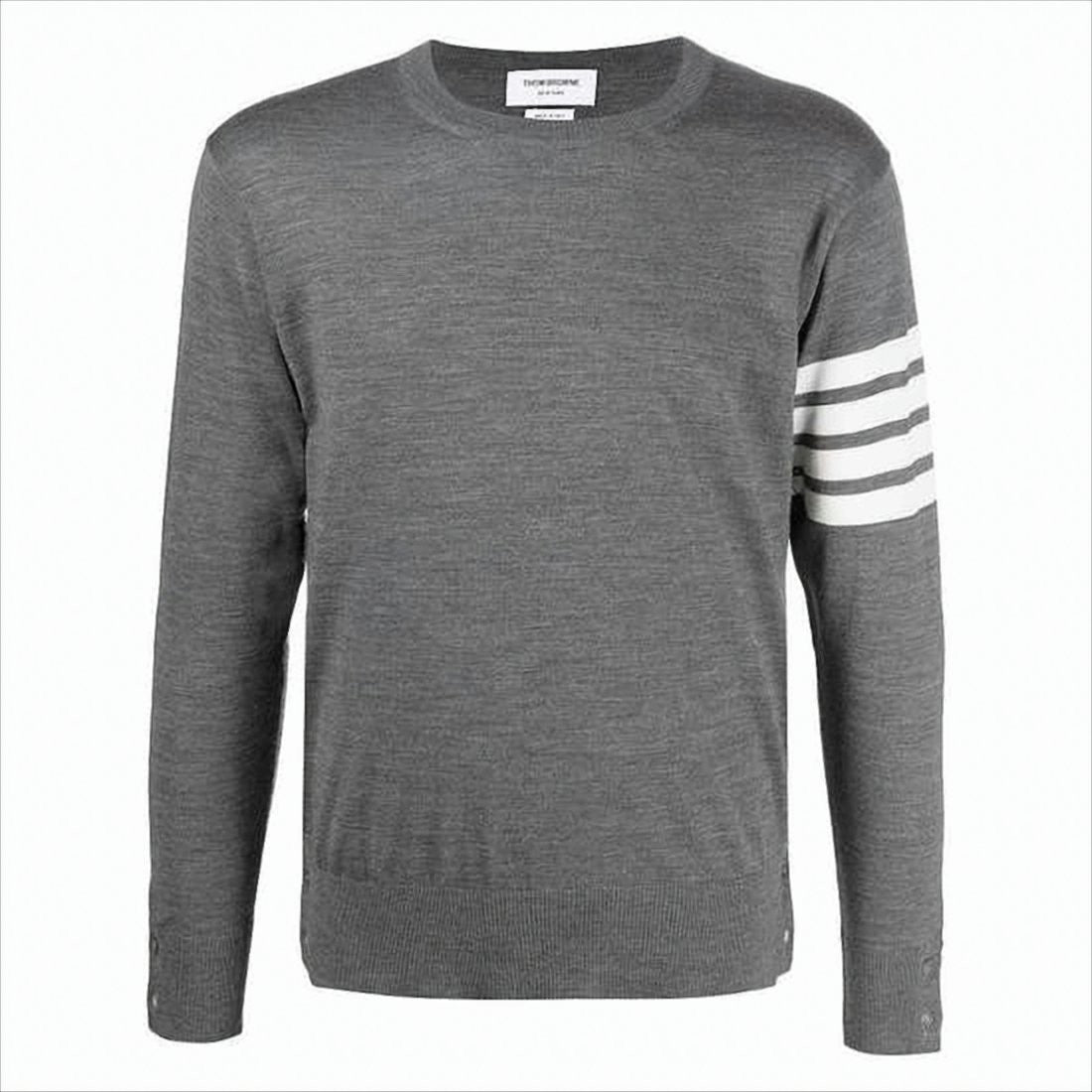 Fine-Knit Grey Merino Wool Sweater with Striped Accent