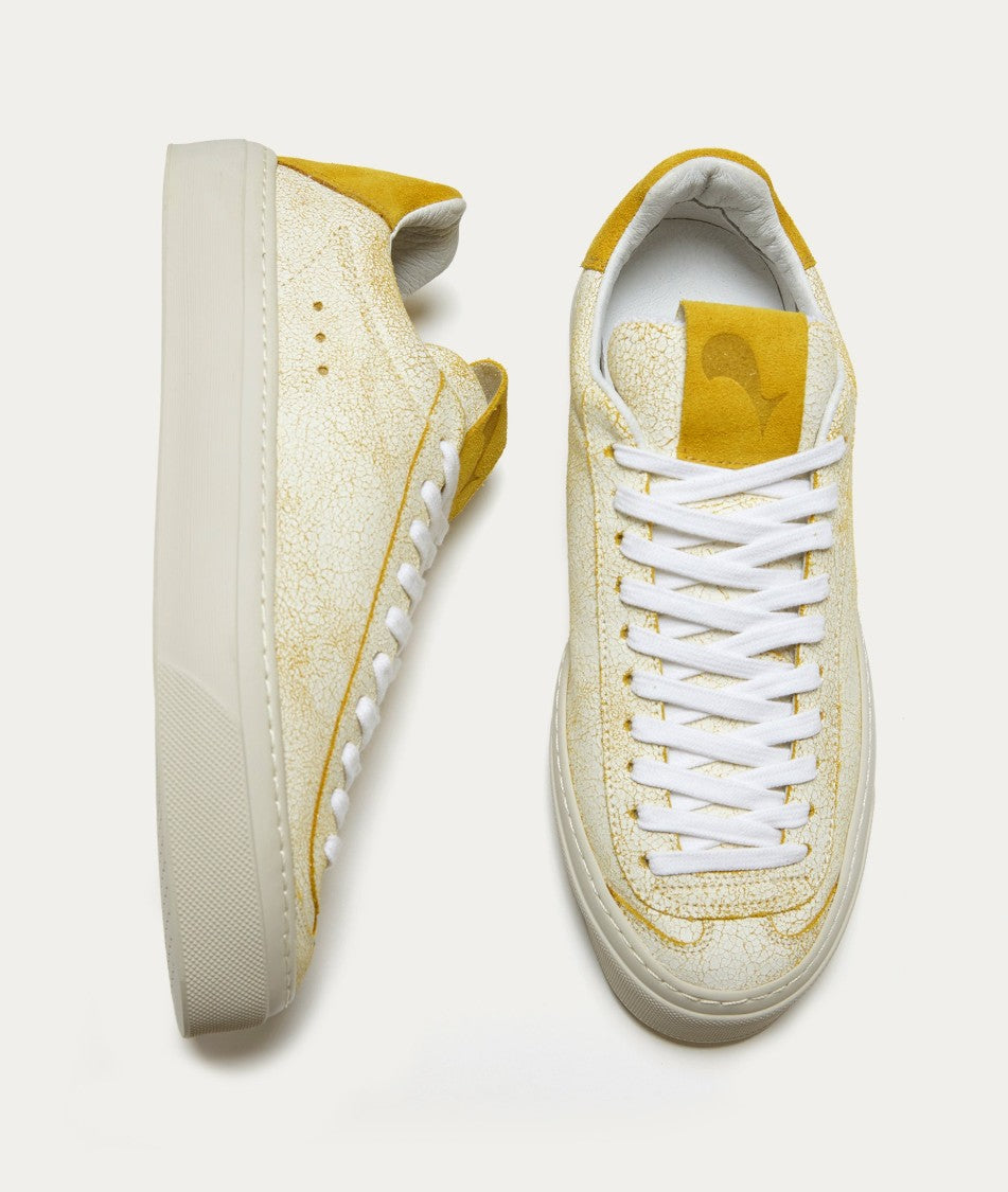 Textured Craquel Leather Sneakers With Yellow Accents
