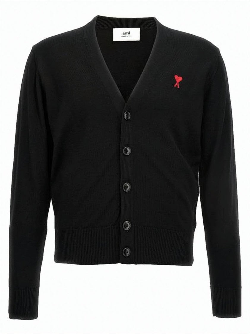 V-Neck Black Wool Cardigan With Embroidered Accent