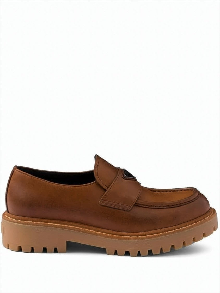 Polished Calf Leather Loafers with Triangular Logo Plaque