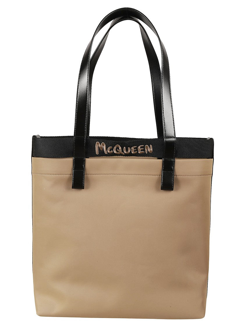 Beige Tote Bag With Black Leather Handles