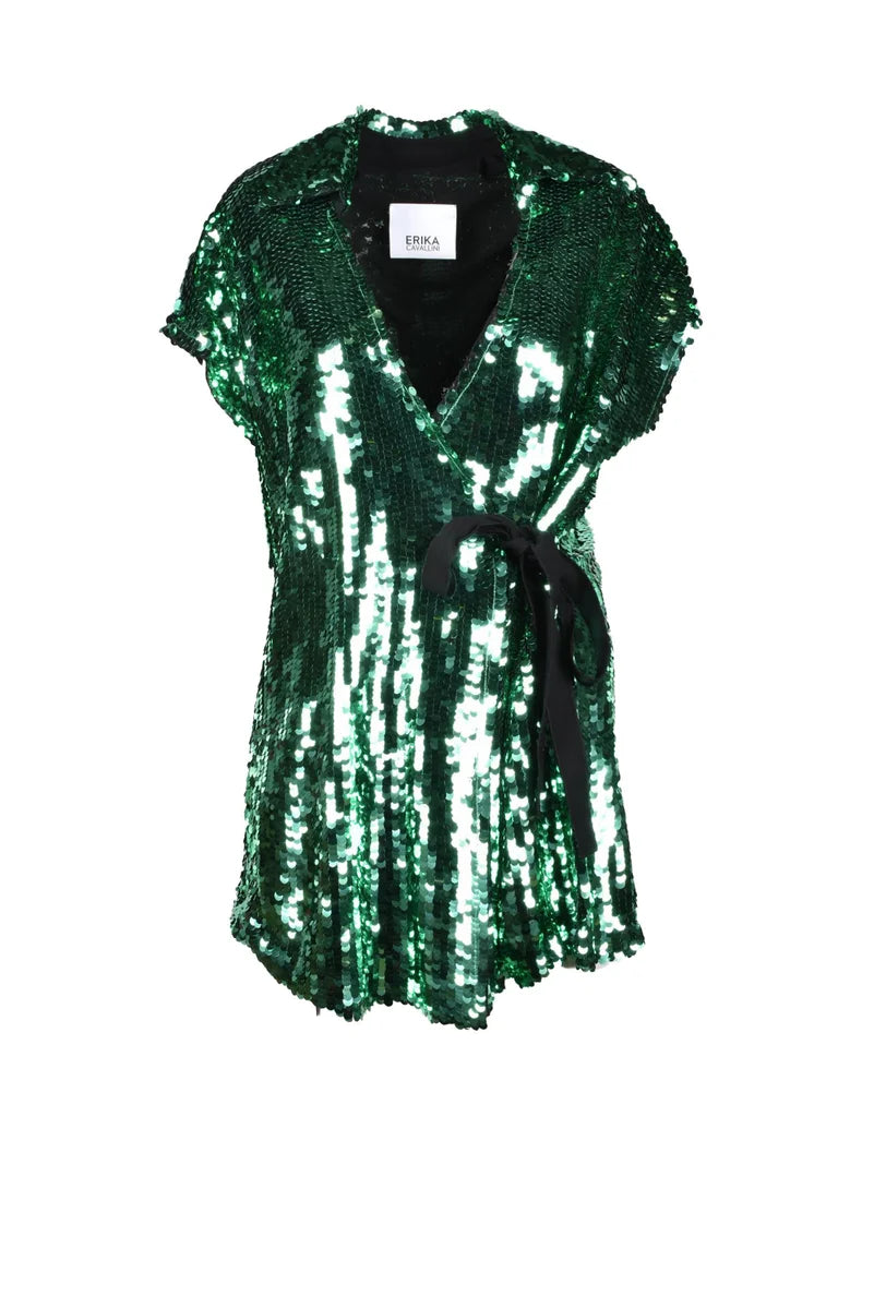 Short-Sleeved Sequin-Embellished Blouse with Wrap Tie