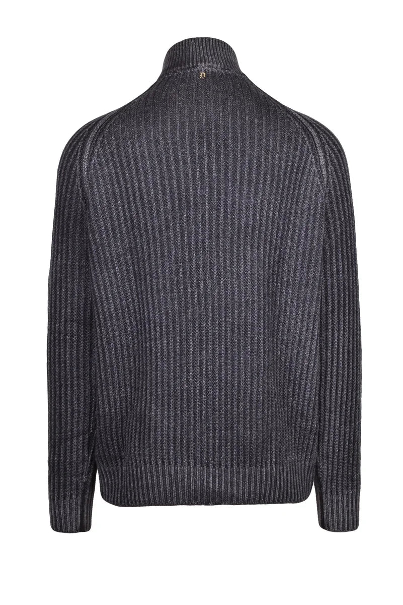 Wool Zip Mock Neck Sweater - Black/Grey