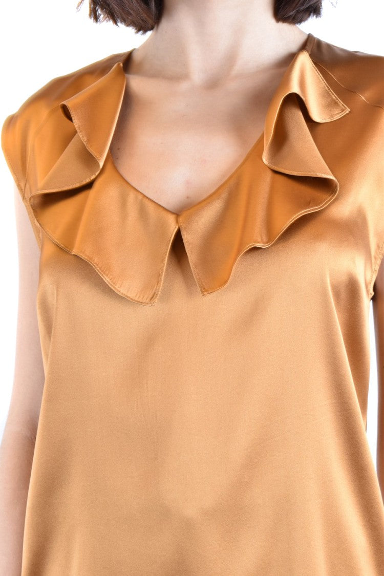 Multicolored Silk Top With Ruffled V-Neckline