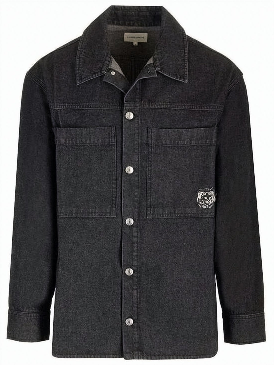 Washed Black Denim-Inspired Long-Sleeve Shirt with Structured Collar
