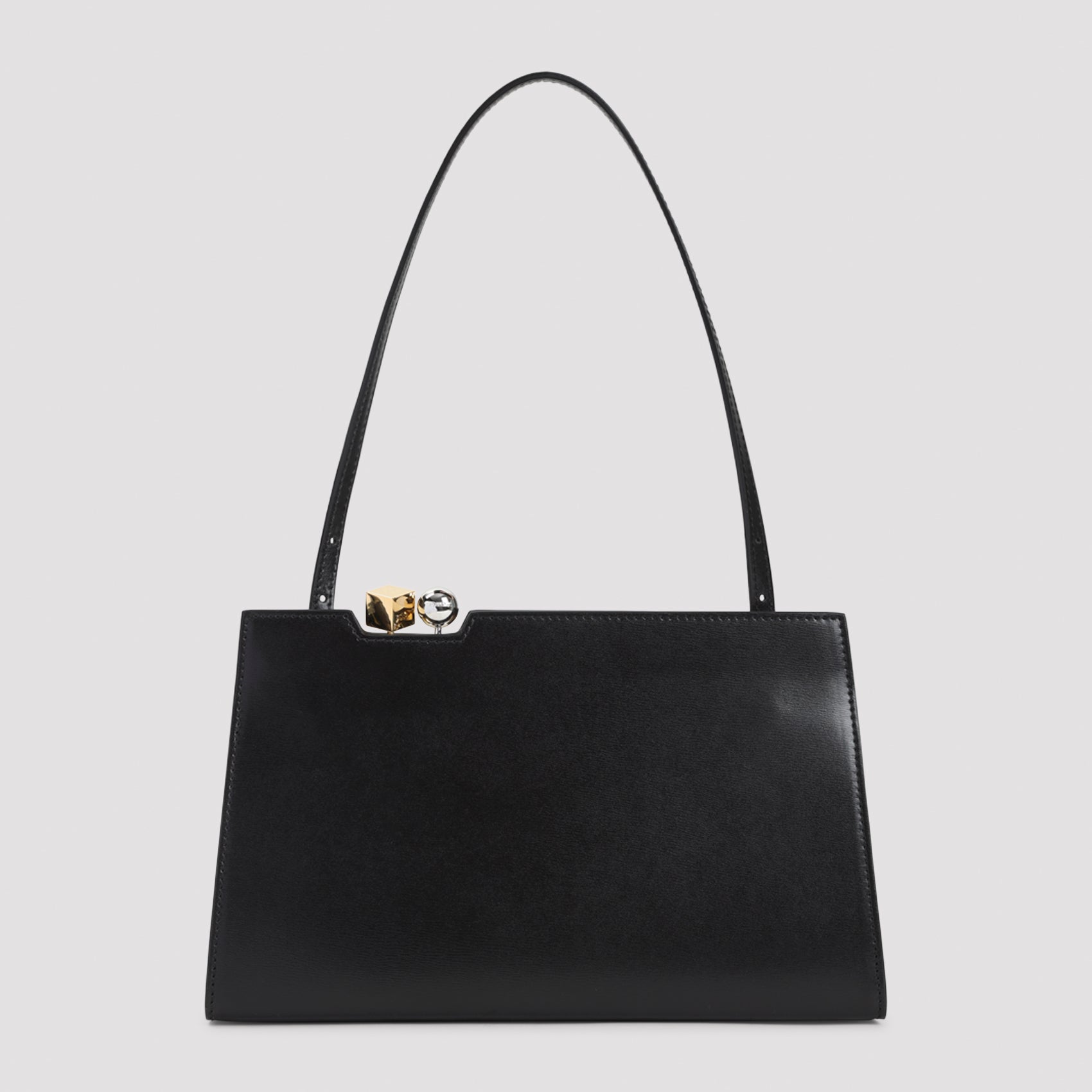 Structured Black Leather Handbag With Metallic Clasp