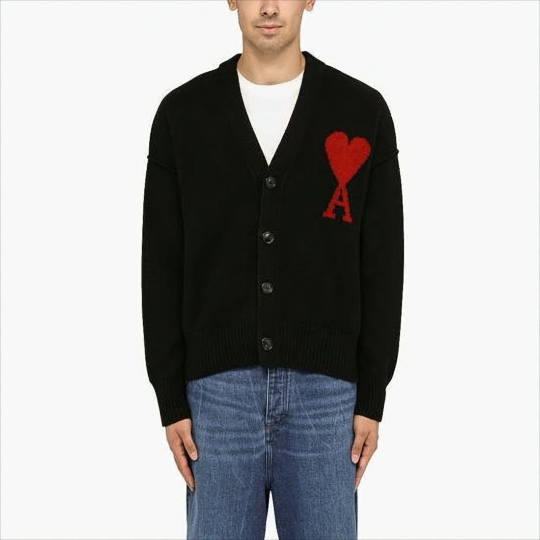 Wool Cardigan with Deep V-Neckline and Heart Motif