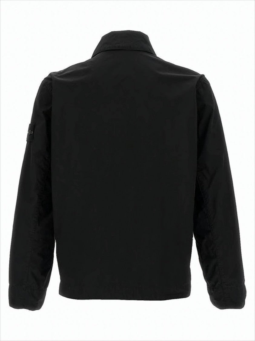 Black Casual Jacket with Classic Collar and Distinctive Patch