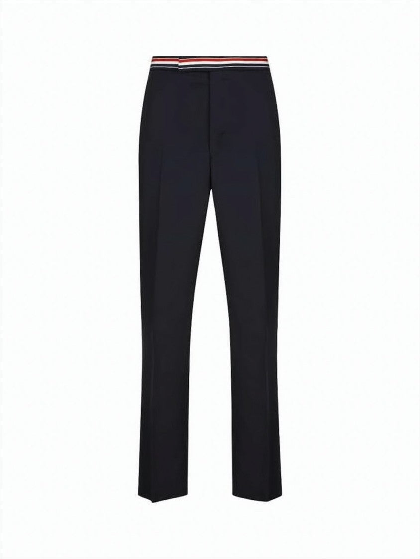 Tailored Blue Wool Straight Pants with Iconic Striped Trim