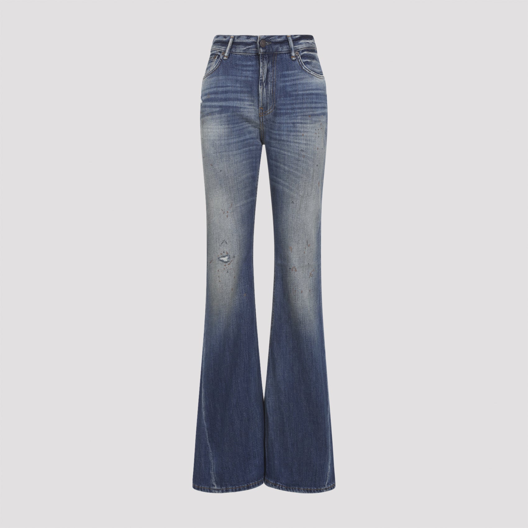 High-Waisted Flared Jeans With Faded Blue Wash And Distressing