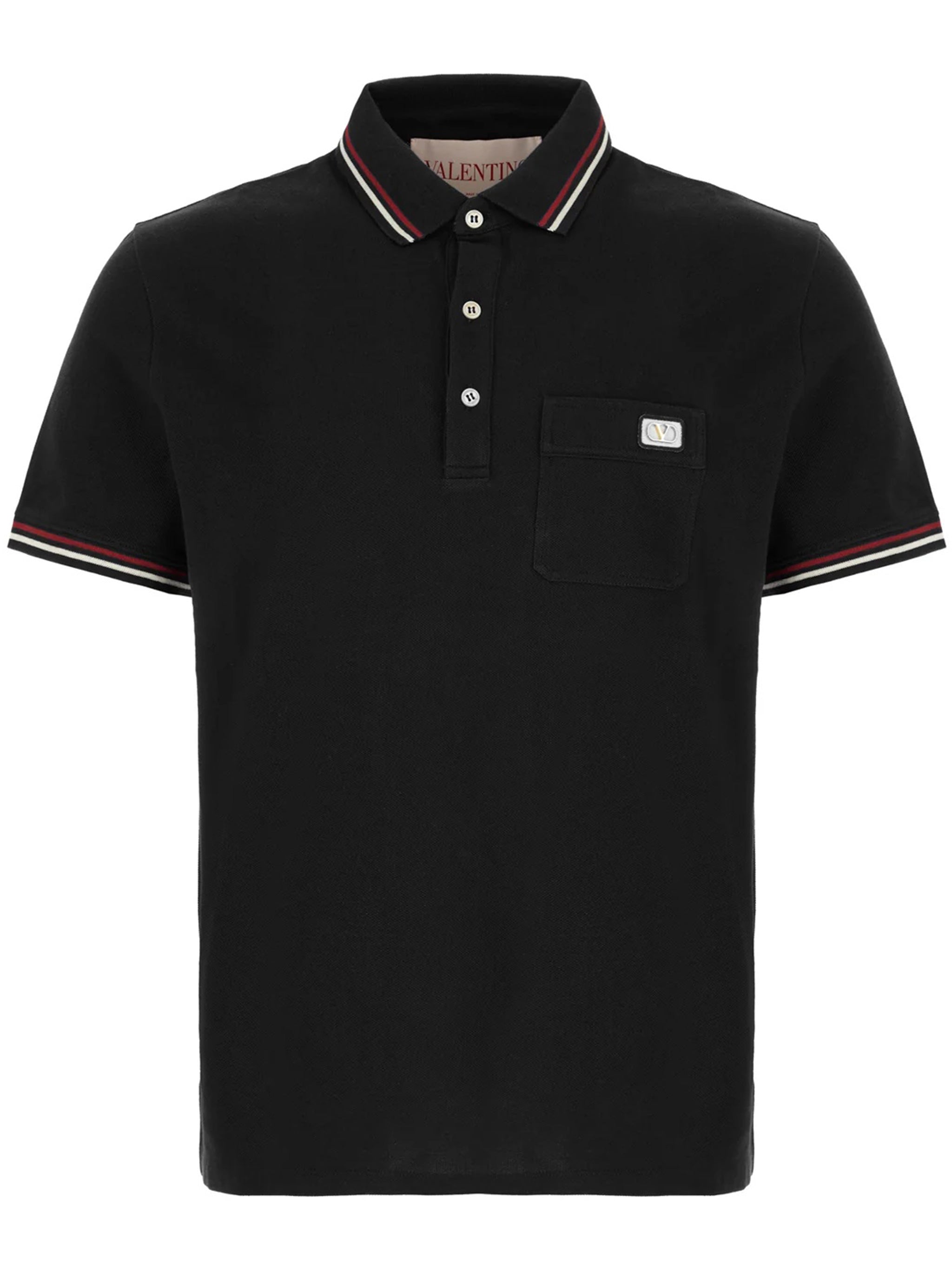 Black Short-Sleeve Striped Accent Cotton Polo