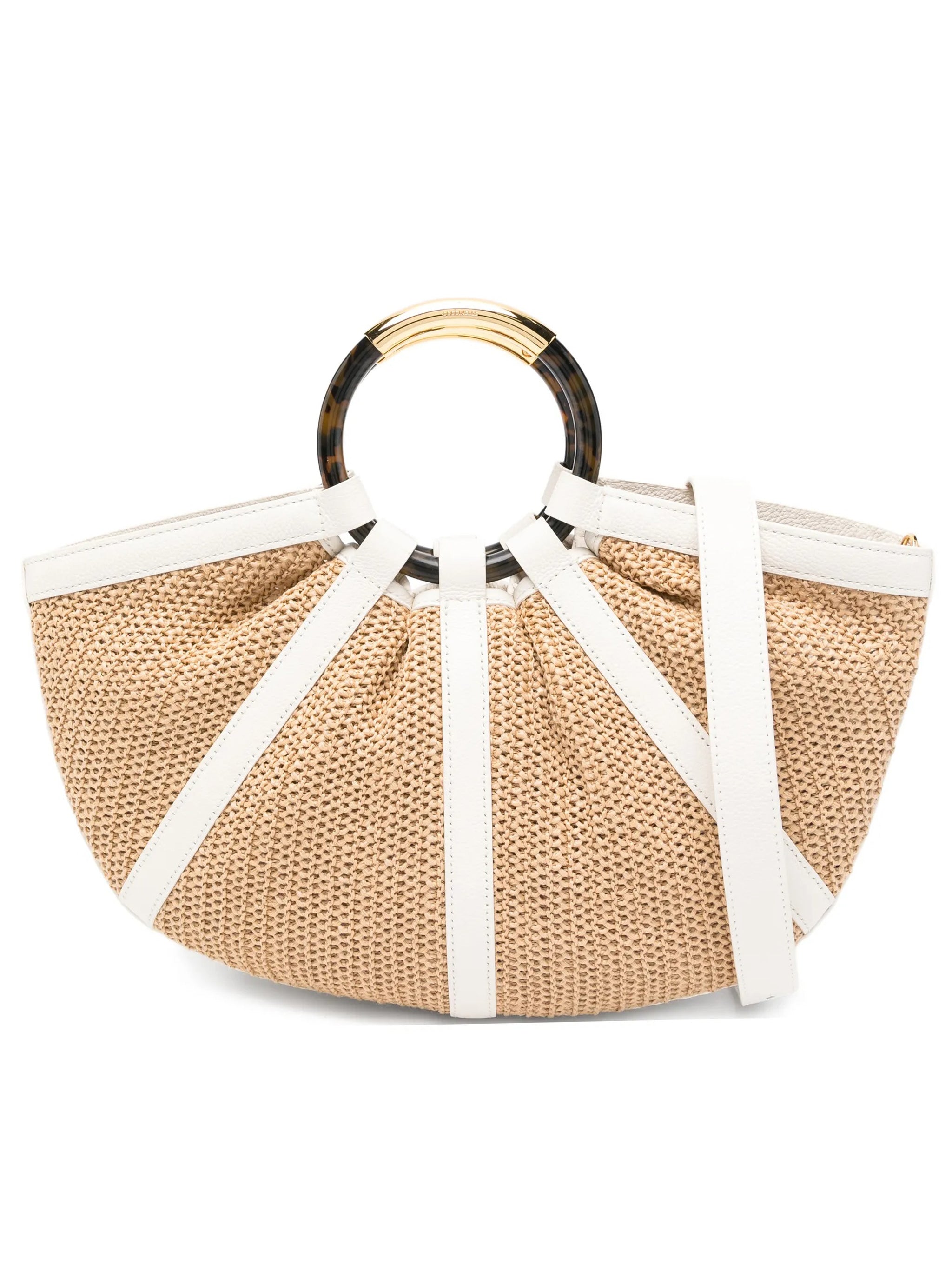 Shell Semi-Circular Straw Leather Trim Handbag