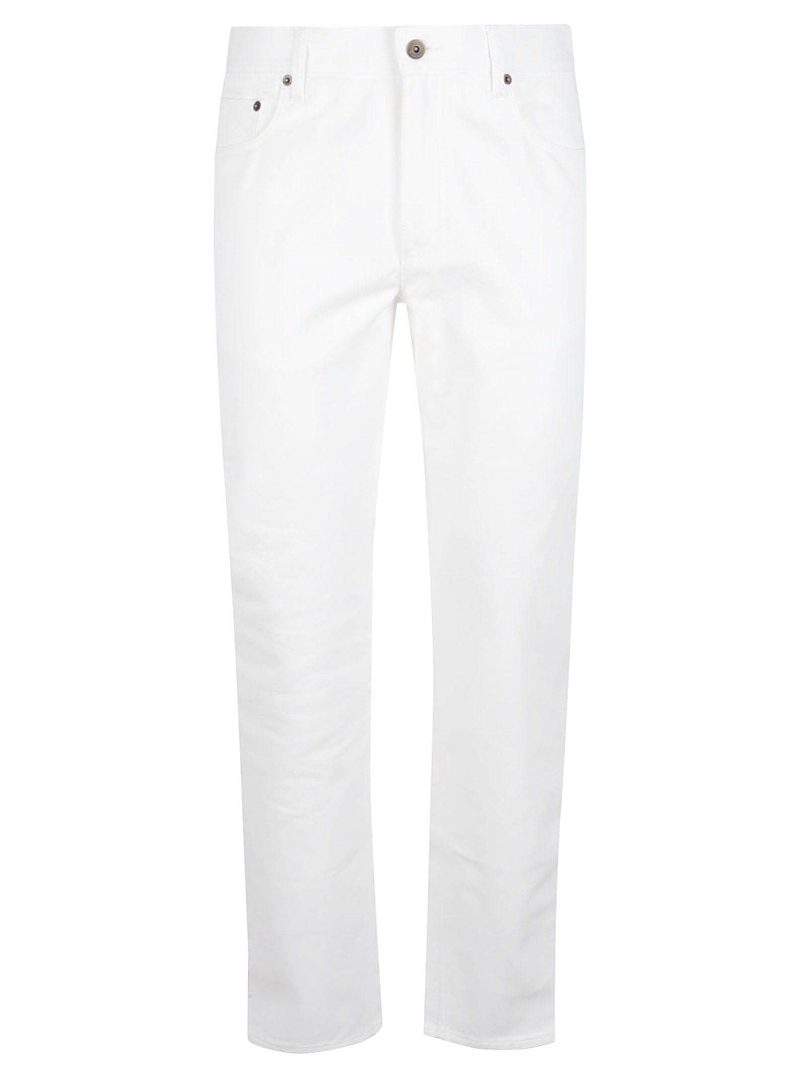 Straight-Leg White Jeans with Five-Pocket Design and Leather Patch