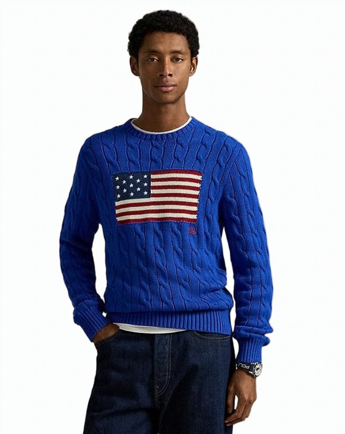 Cable-Knit Sweater with Bold Flag Design
