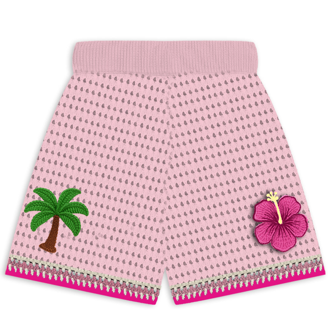 High Waisted Elastic Openwork Knit Shorts