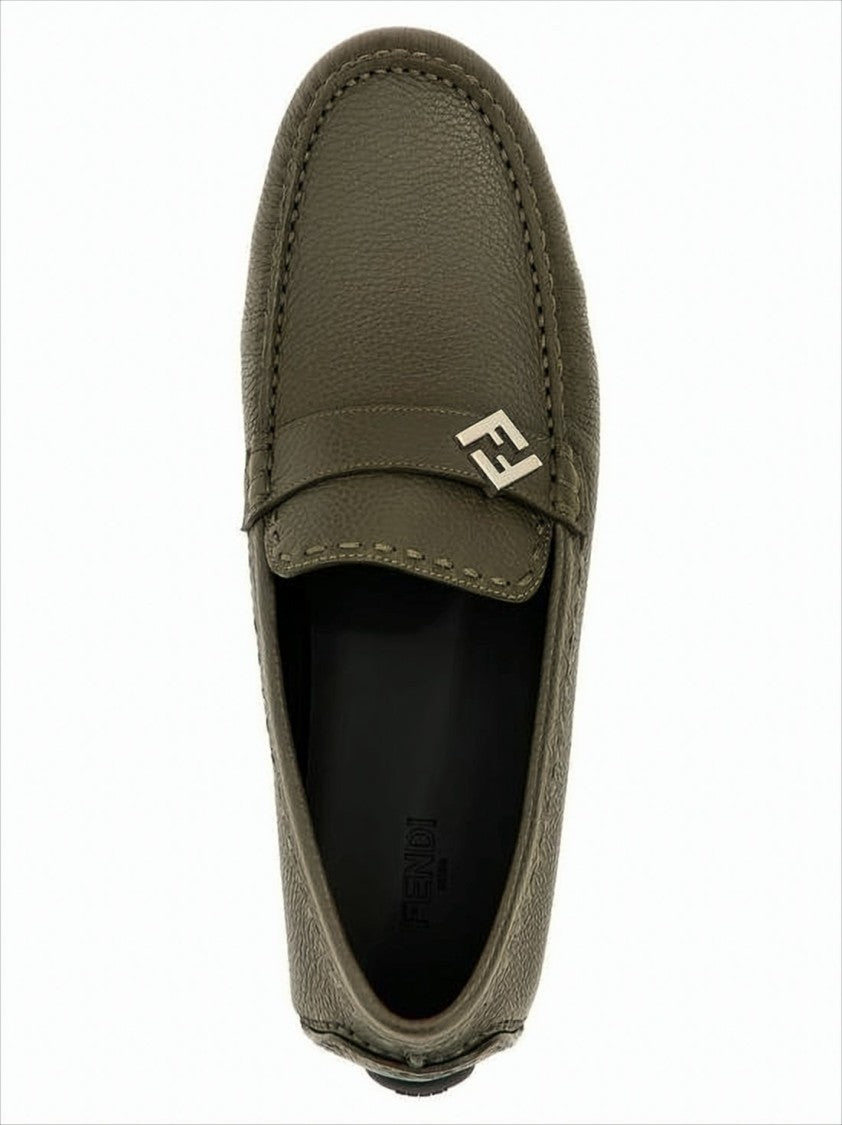 Textured Calf Leather Loafers With Metallic Logo Detail
