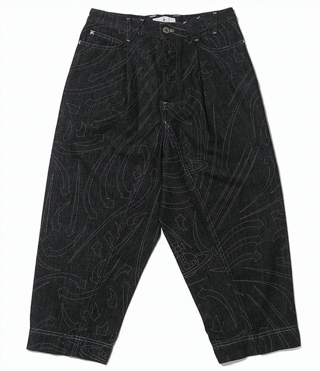 Cropped Wide-Leg Denim Pants with Tonal Patterns