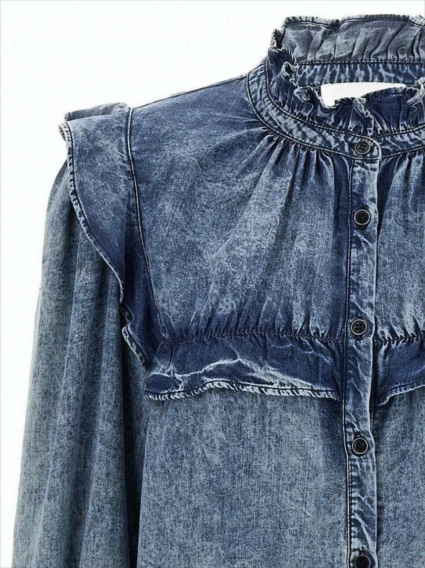 Ruffled Neckline Lyocell Shirt with Gathered Cuffs