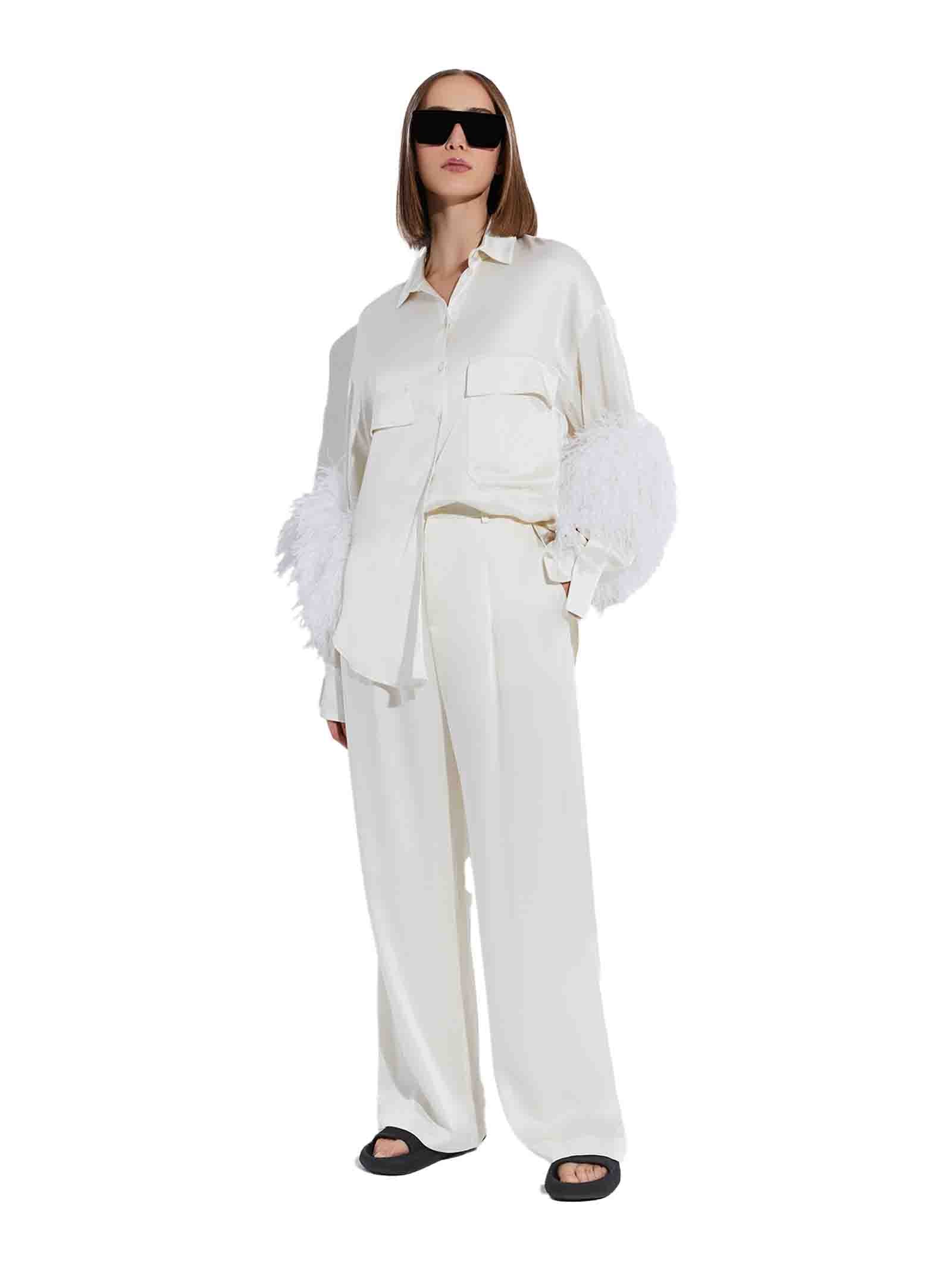 Beige Satin Shirt With Ostrich Feather Embellishments