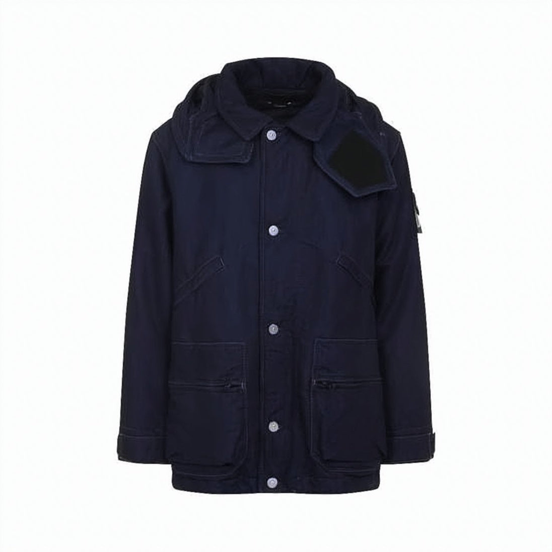Navy Padded Jacket With Structured Collar And Detachable Hood