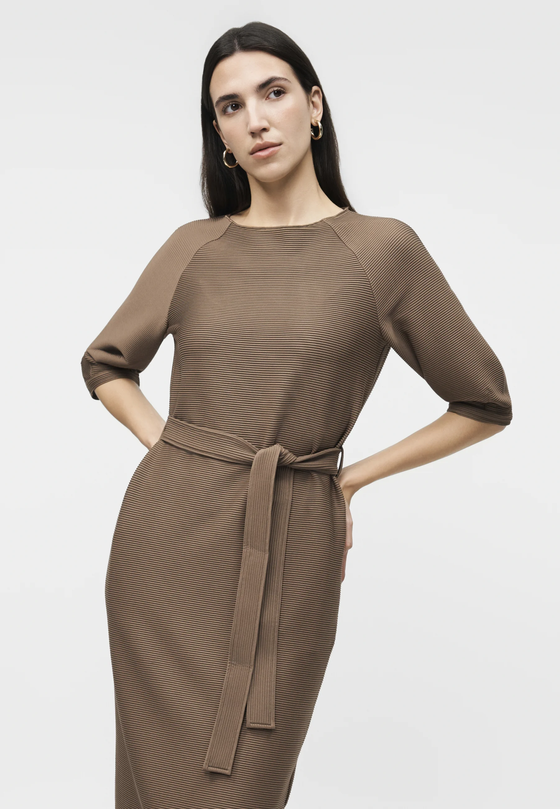 Knee-Length Dress with Elbow-Length Sleeves and Ribbed Texture