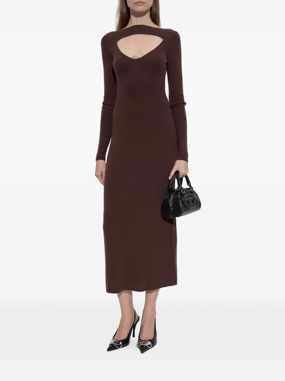 Ribbed Knit Midi Dress With Cut-Out Neckline
