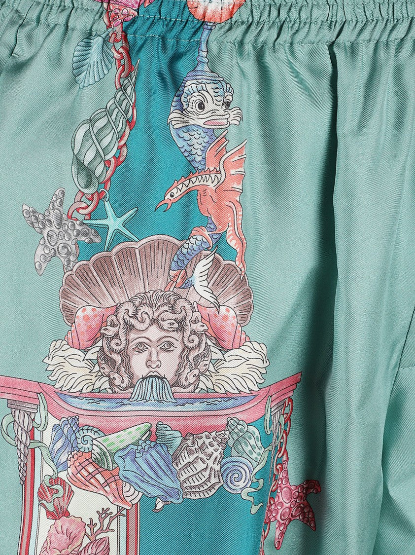 Teal Blue Shorts With Coral Theatre Motif