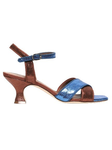 Sandal In Bluette And Bronze Laminated Leather