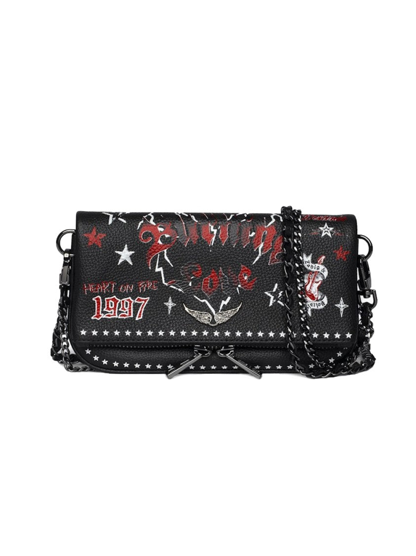 Graffiti-Print Black Leather Crossbody Bag