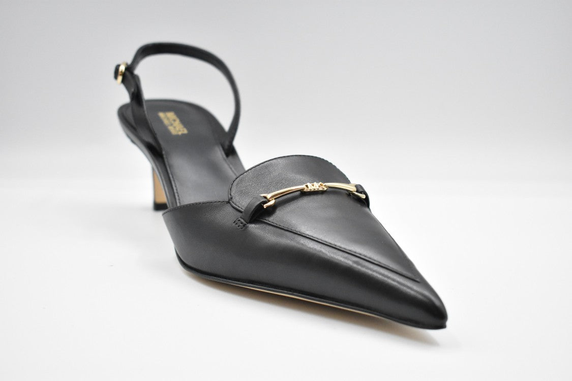 Pointed Toe Pumps With Ankle Strap And Gold Accent