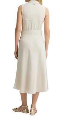 Beige Midi Dress With Button-Down Front And Belted Waist