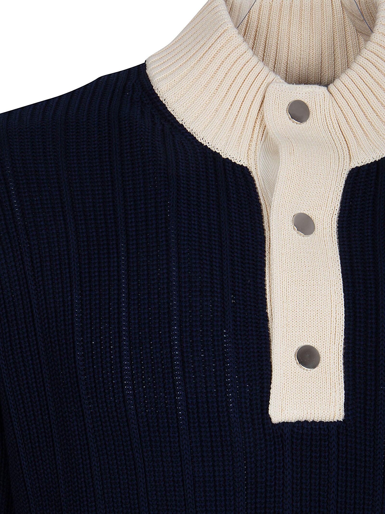 Ribbed Knit Sweater with Contrasting Details and Button Placket