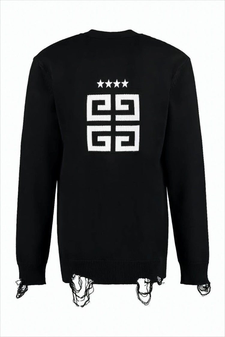 Black Cardigan with Deep V-Neckline and Bold Graphic Design