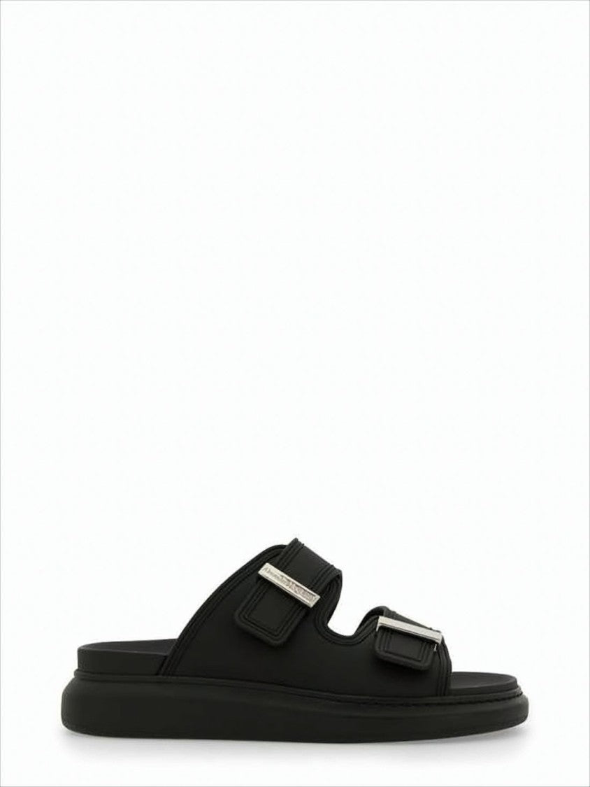 Black Rubber Slip-On Mules with Adjustable Straps