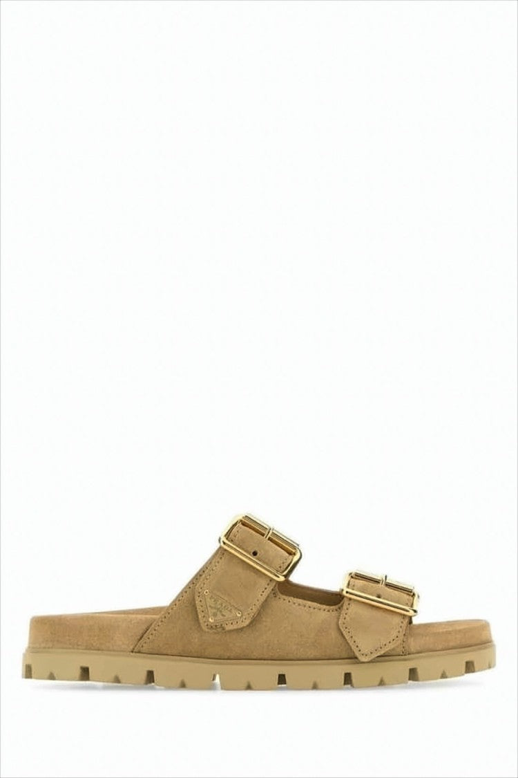 Brown Calf Leather Mule Sandals With Gold-Tone Buckles