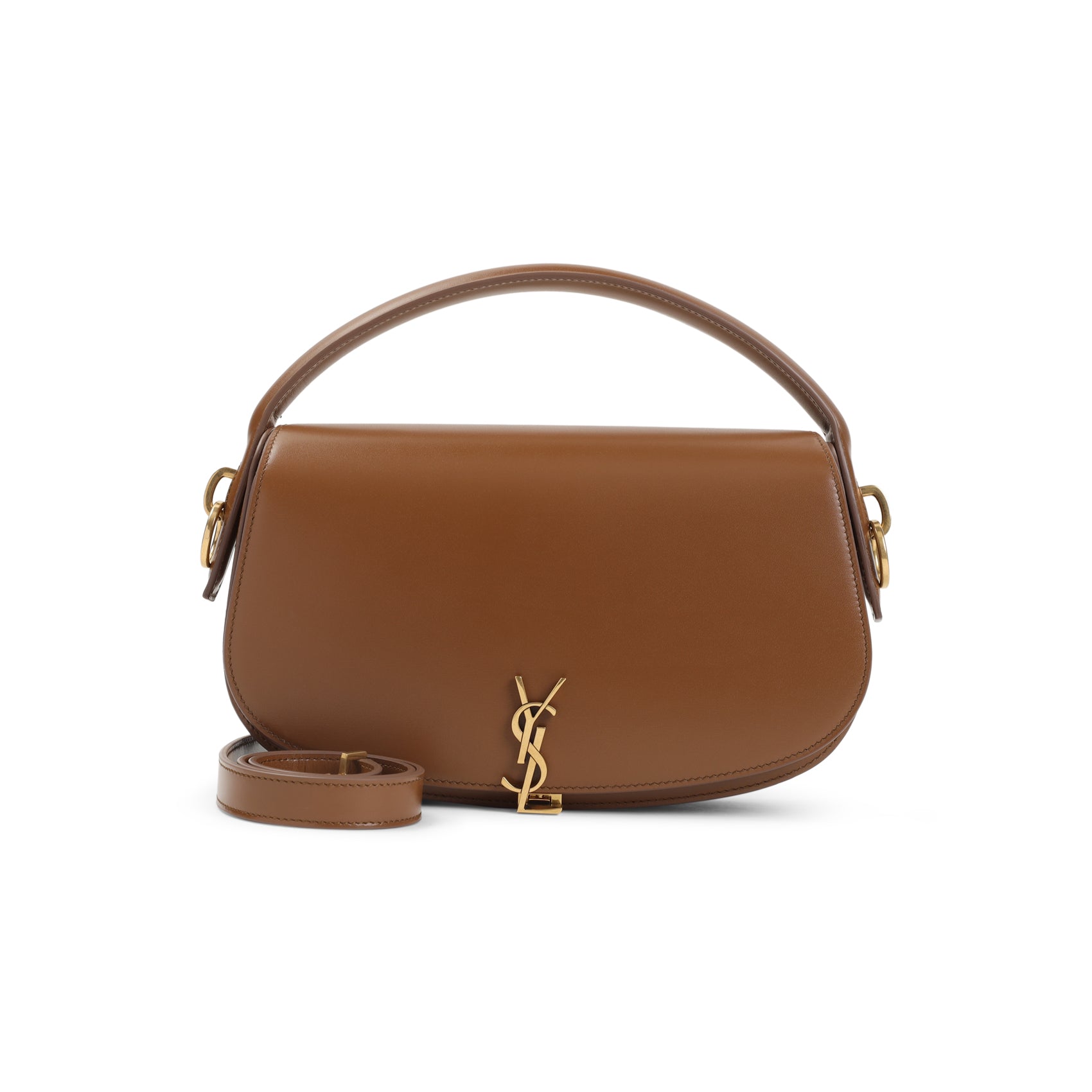 Smooth Brown Leather Shoulder Bag with Bronze-Toned Hardware
