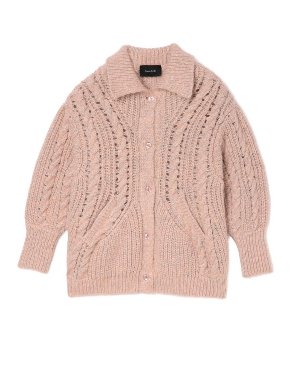 Sculpted Collared Chunky Knit Cardigan W/ Emb
