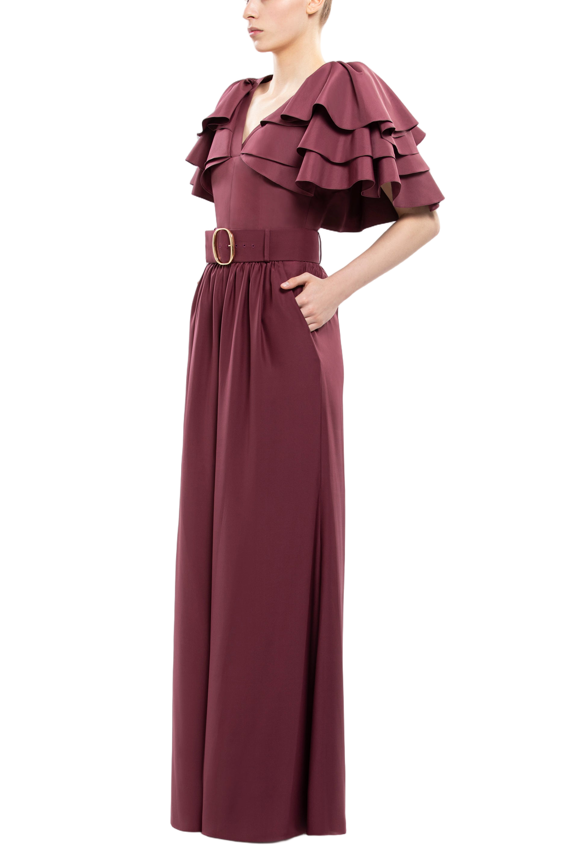 Ruffled Taffeta Top with Satin Wide-Legged Pants