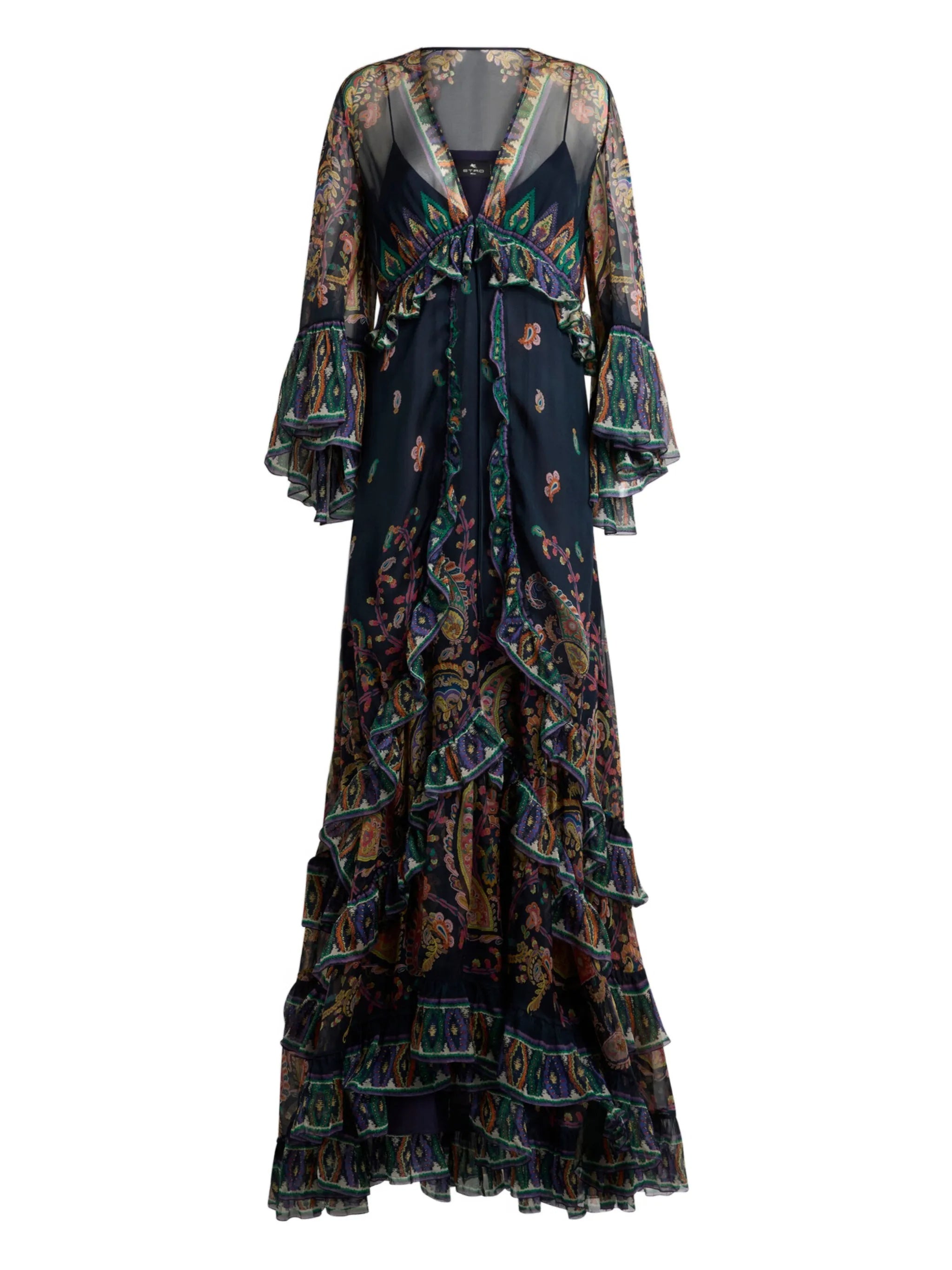 Black Maxi Flared Paisley Ruffled Dress