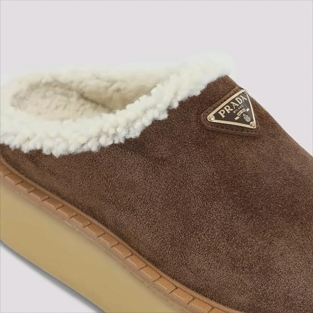 Plush Suede Mule With Triangular Logo Plaque