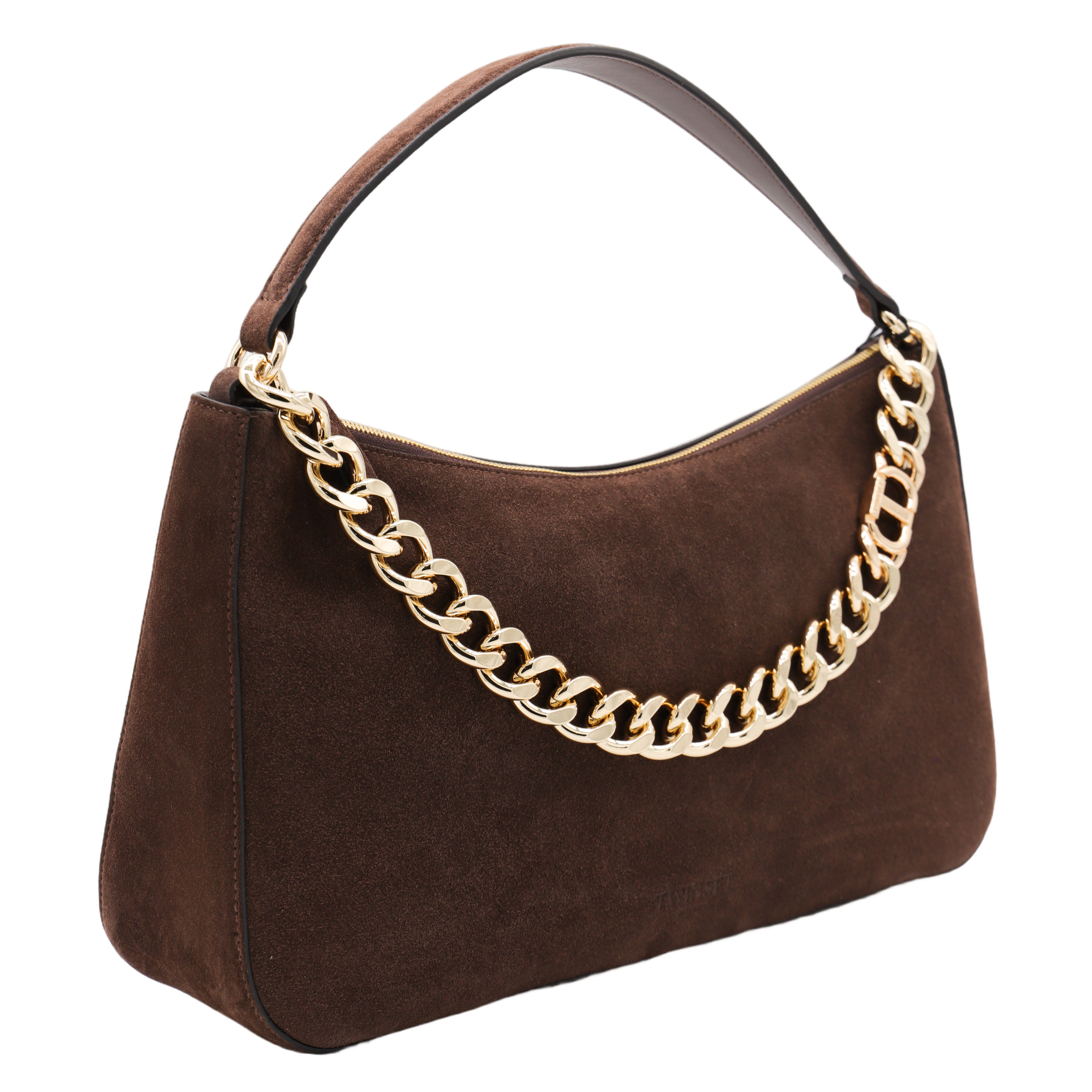 Brown Suede Handbag with Gold Chain Accents