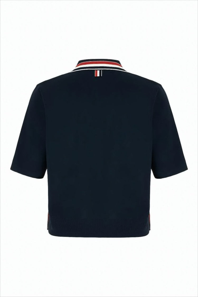 Cropped Blue Polo Shirt with Striped Accents