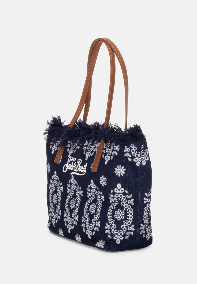 Navy Blue Rectangular Tote Bag with Embroidered Details